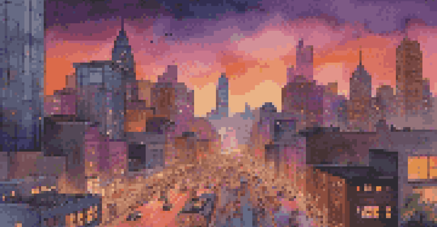 A vibrant city skyline at sunset with skyscrapers reflecting colorful hues and busy streets below.