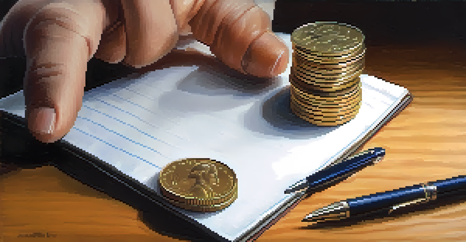 A hand holding a piggy bank full of coins next to a notepad and pen, representing savings.