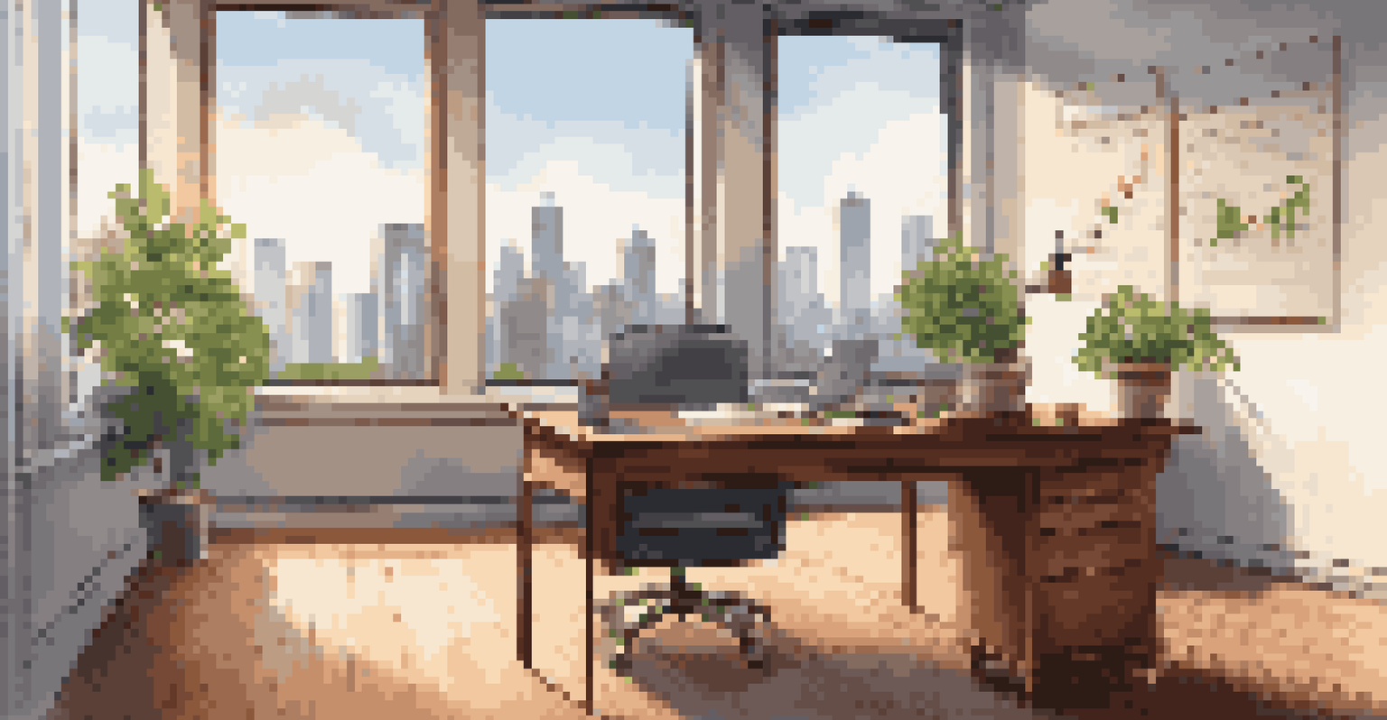 A modern office with a desk, laptop, and city skyline view.
