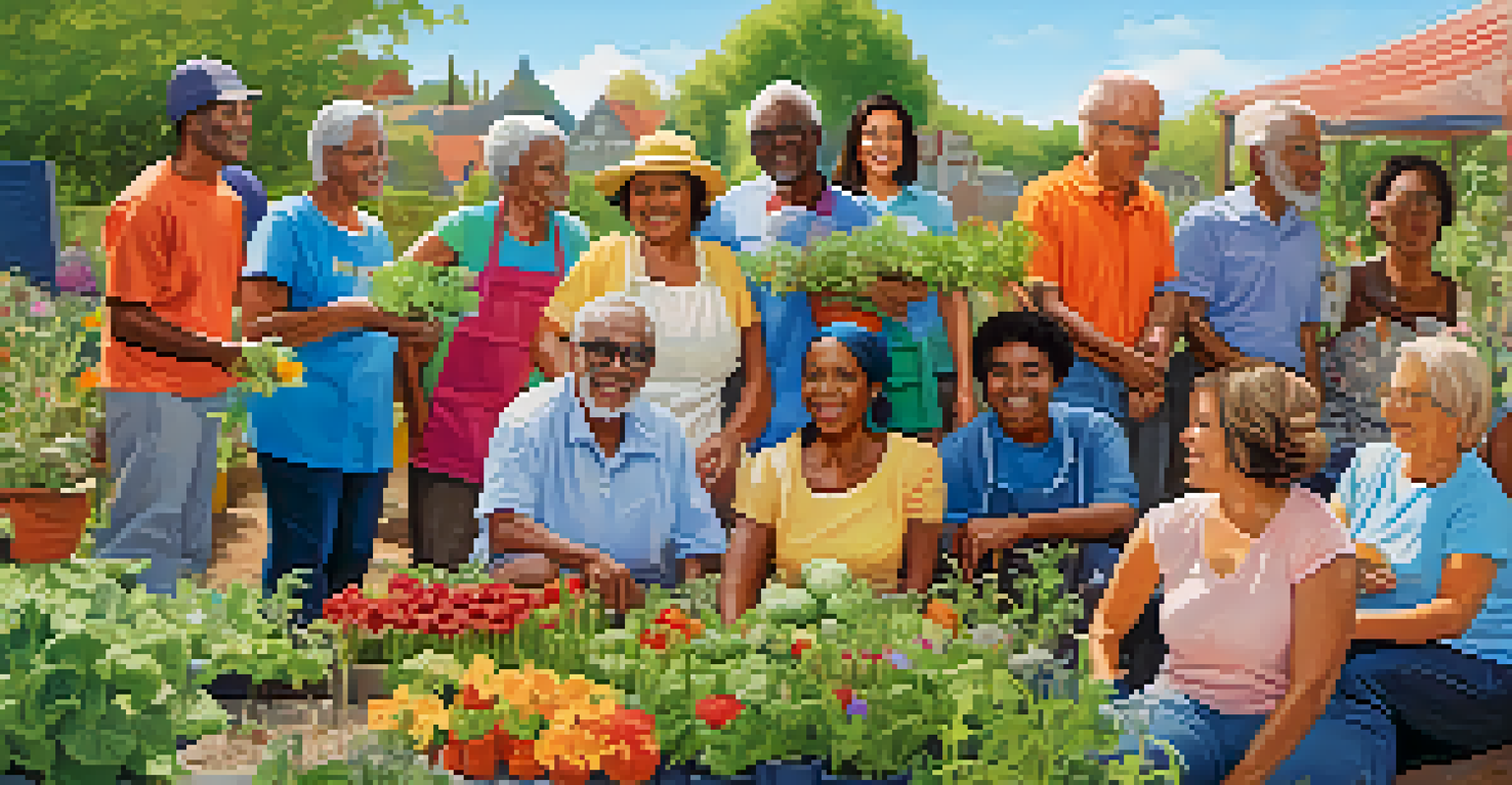A diverse group of individuals working together in a community garden, planting and tending to plants under a clear blue sky.