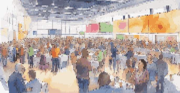 A lively crowdfunding event featuring various entrepreneurs displaying their projects to potential backers in a convention center.