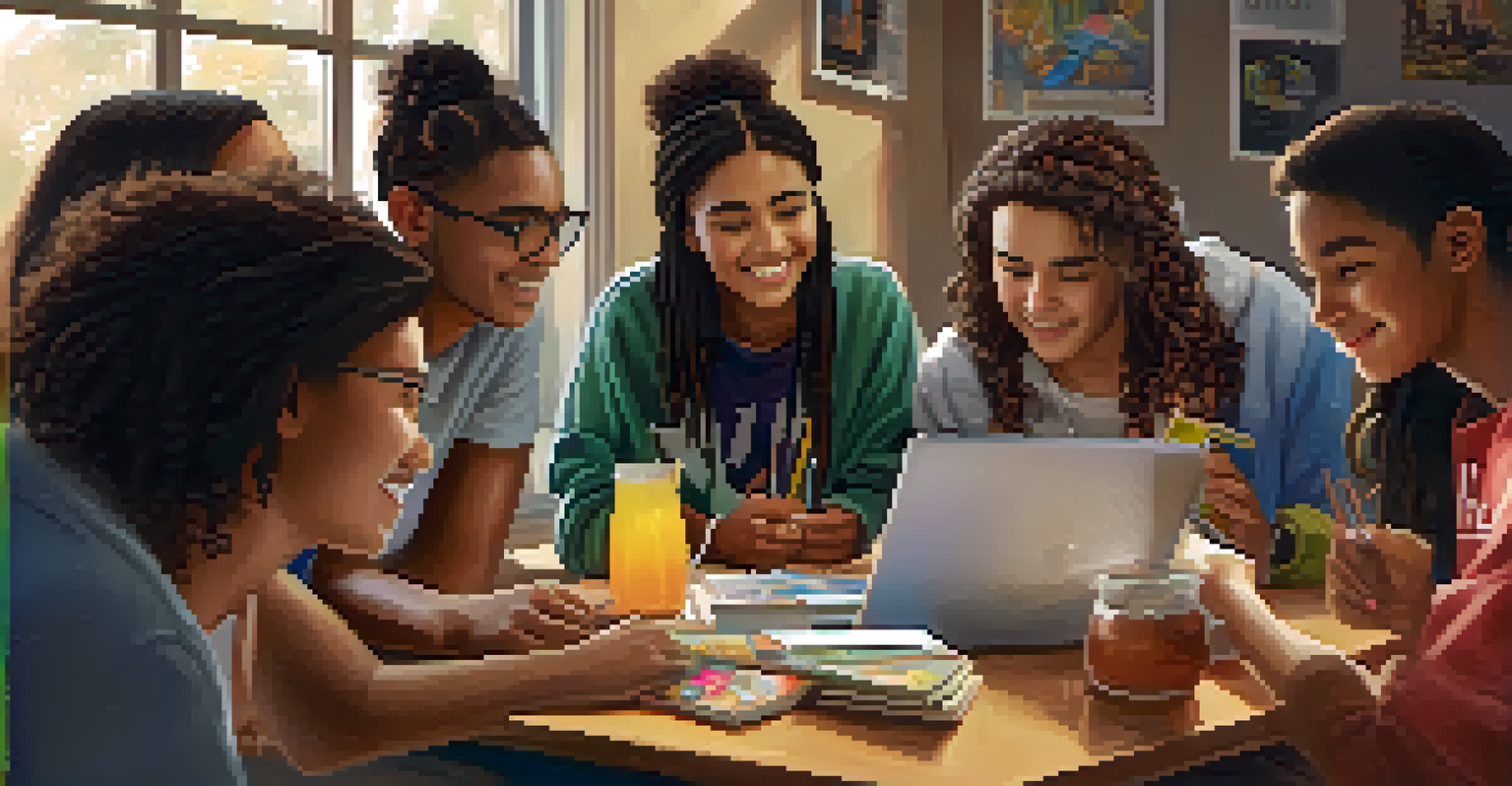A group of teens enthusiastically discussing financial literacy resources at a table, with snacks and a laptop present.