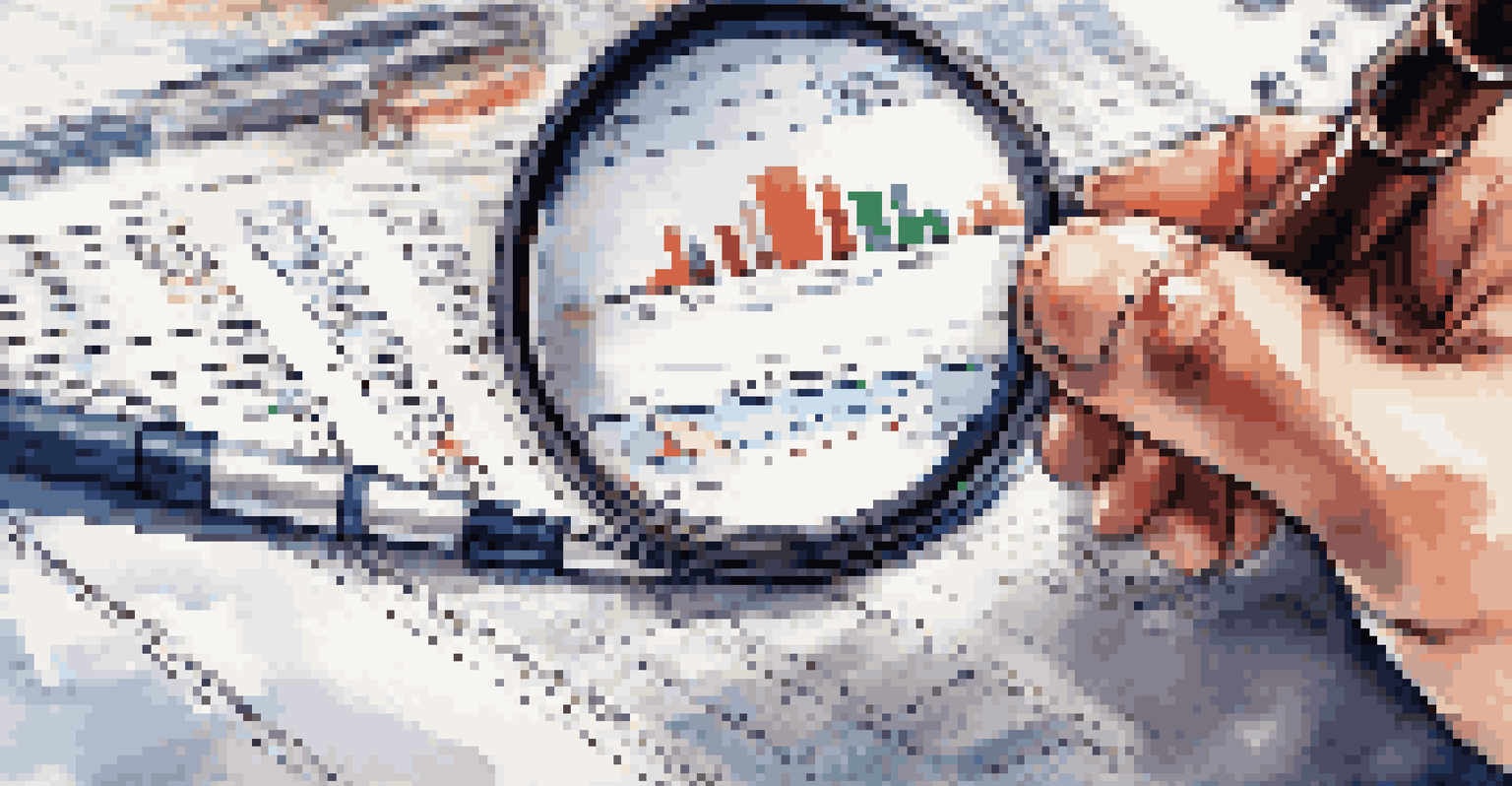 A hand holding a magnifying glass over a financial report with charts and statistics.
