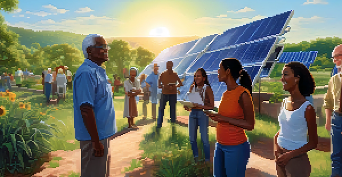 A community solar project with solar panels surrounded by greenery and diverse community members interacting.