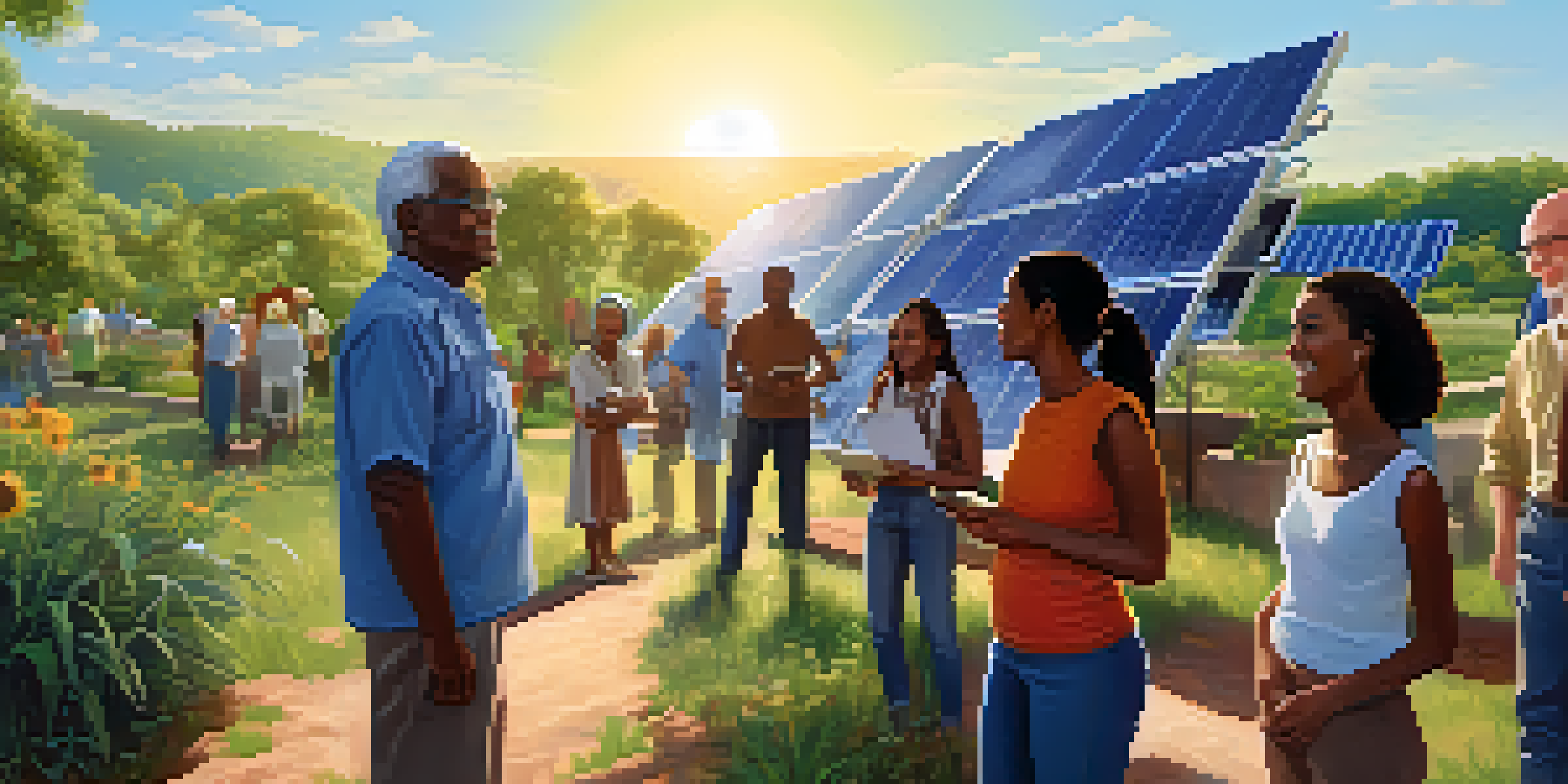 A community solar project with solar panels surrounded by greenery and diverse community members interacting.