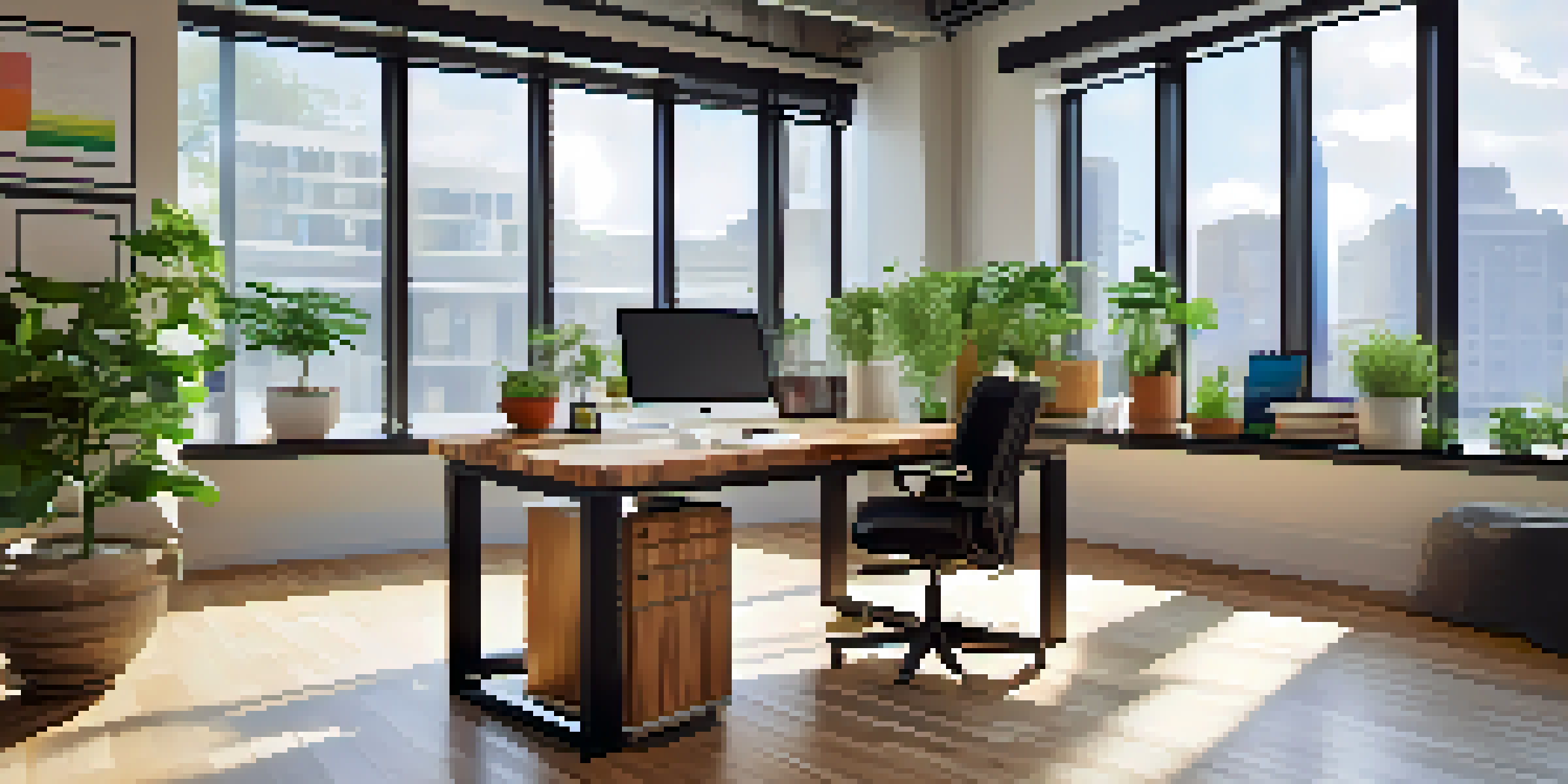 A bright modern office with a wooden desk, a laptop showing financial metrics, and a potted plant by the window.