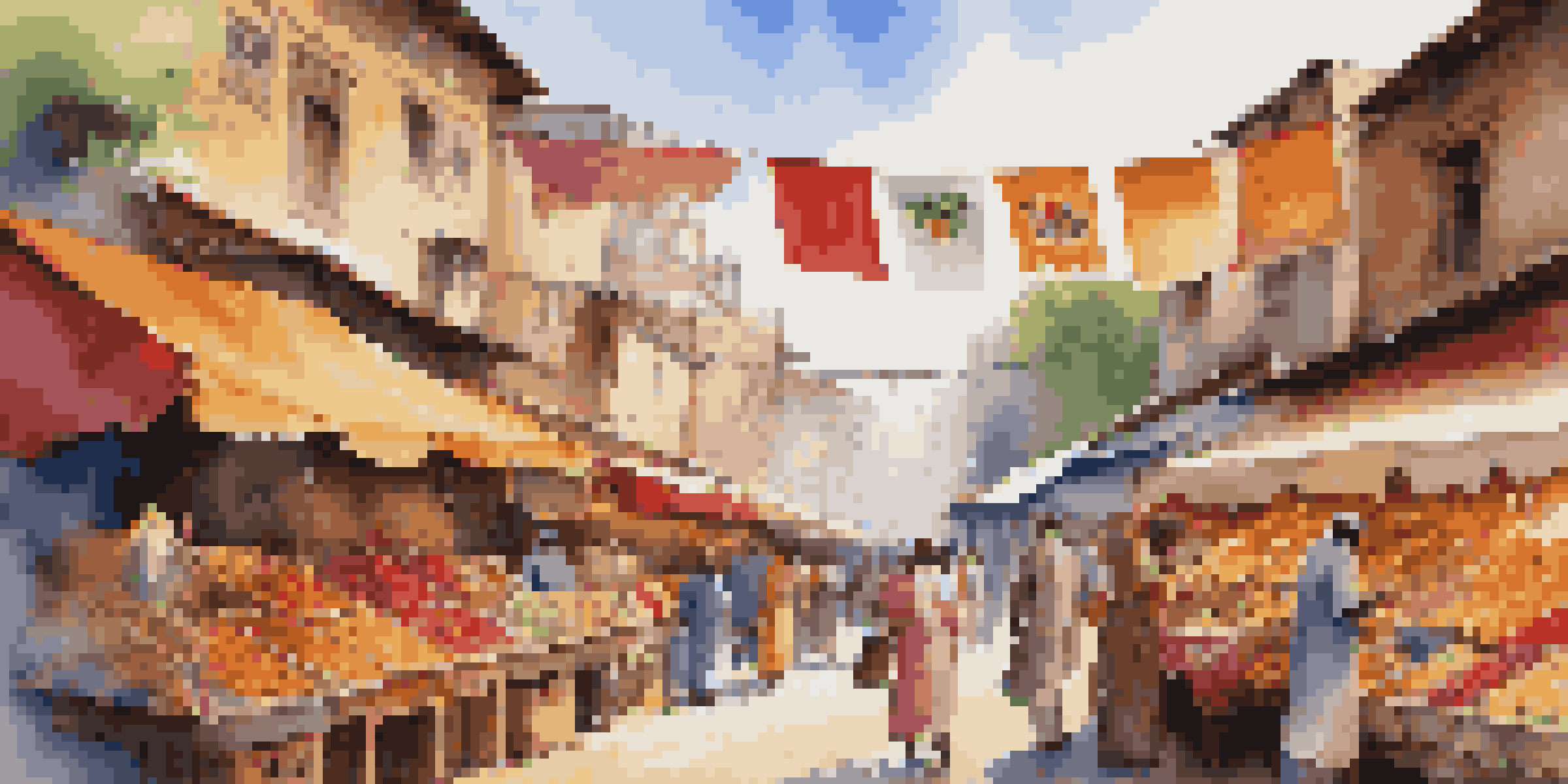 A vibrant global marketplace with diverse vendors, colorful stalls filled with fruits and textiles, and international flags in the background.