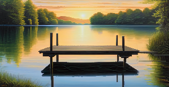 A calm lake surrounded by green trees, reflecting a golden sunrise with a wooden dock extending into the water.