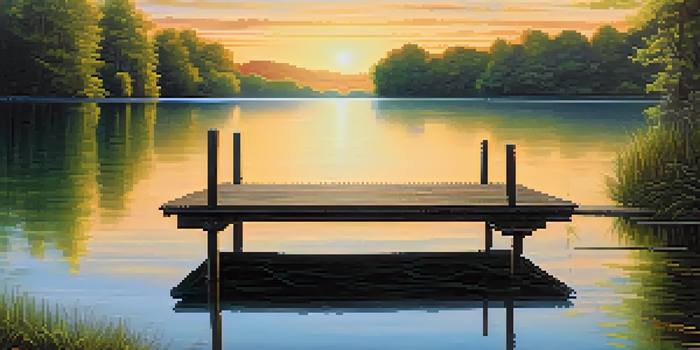 A calm lake surrounded by green trees, reflecting a golden sunrise with a wooden dock extending into the water.