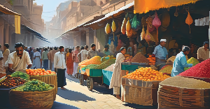 A colorful street market in India with stalls of fruits, spices, and textiles, filled with people shopping under warm sunlight.