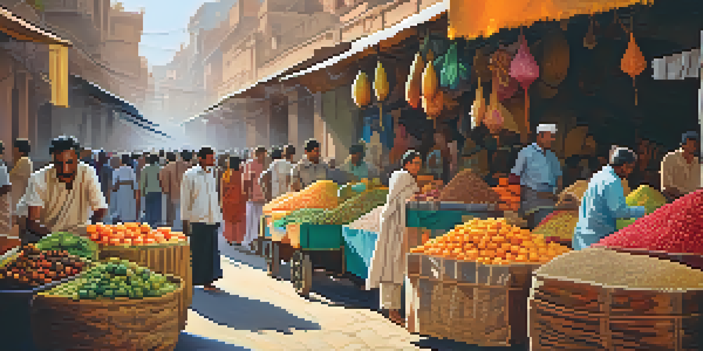 A colorful street market in India with stalls of fruits, spices, and textiles, filled with people shopping under warm sunlight.