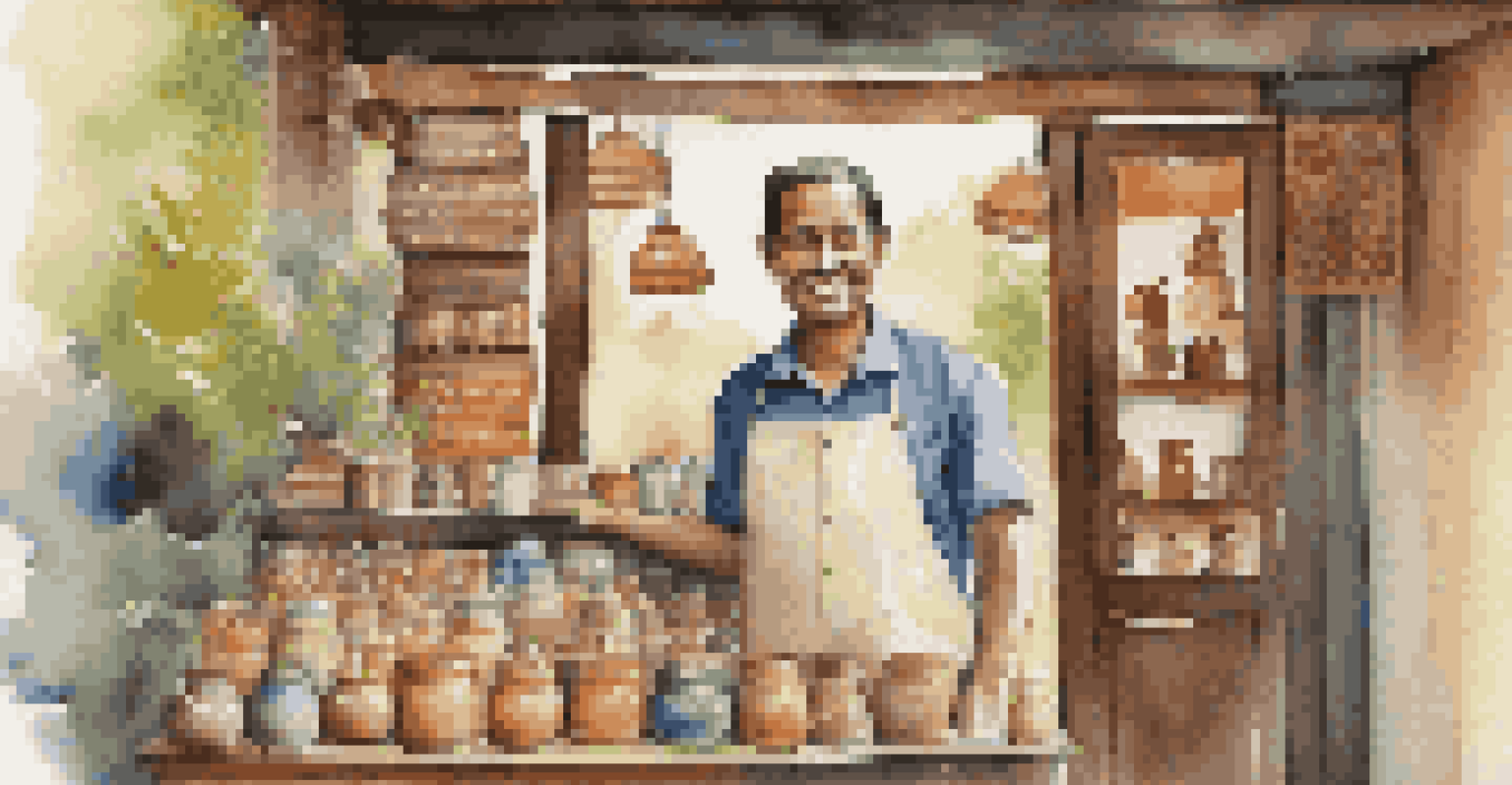 A small business owner smiling in front of their shop in an emerging market, surrounded by local crafts.