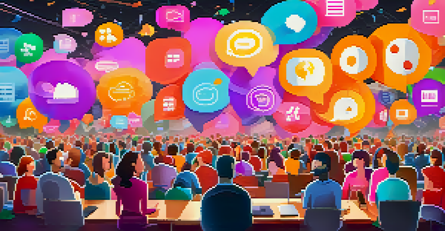 A colorful online forum for social trading with chat bubbles and icons of various trading assets.