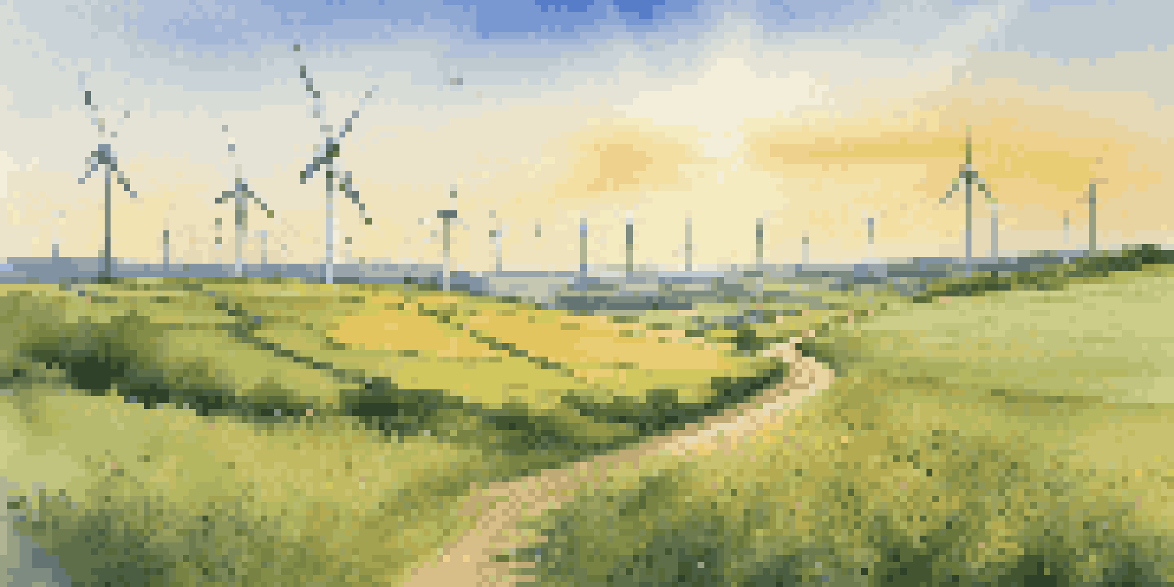 A peaceful green field with solar panels and wind turbines under a blue sky, representing renewable energy.