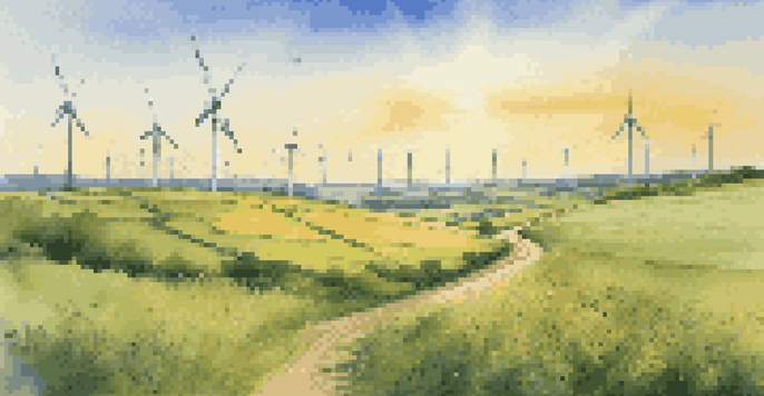 A peaceful green field with solar panels and wind turbines under a blue sky, representing renewable energy.