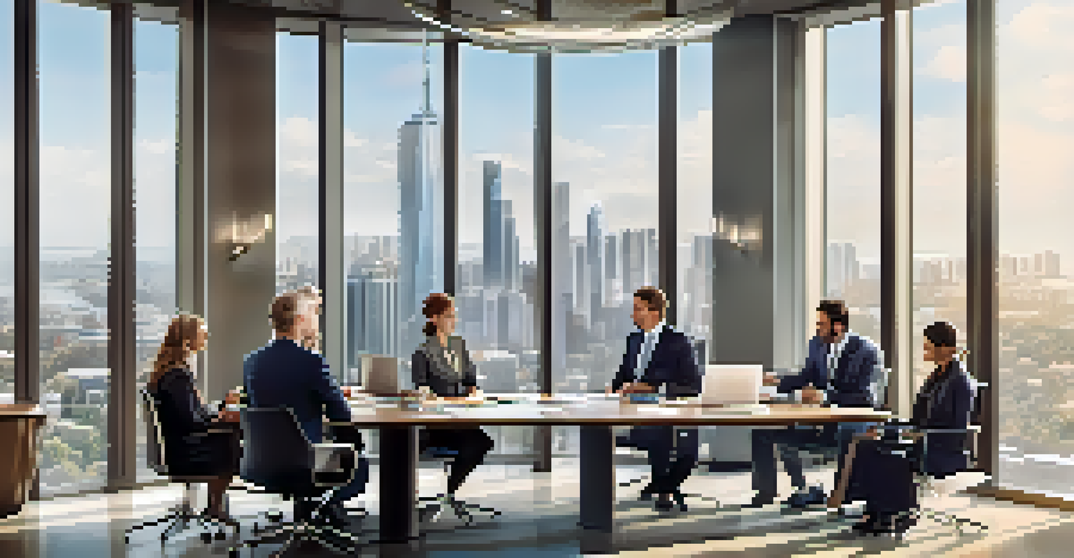 A group of diverse business professionals in a conference room discussing a balance sheet displayed on a screen.