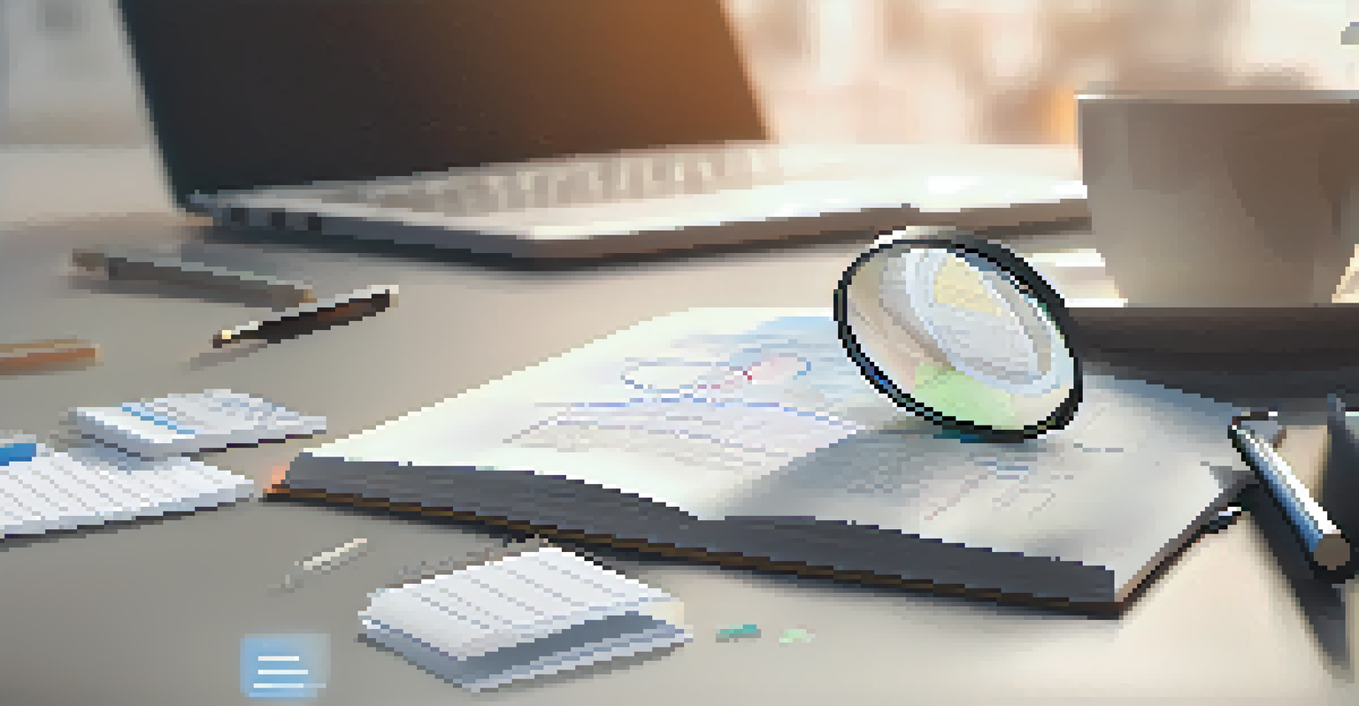 A hand with a magnifying glass examining a startup pitch deck, surrounded by a laptop and notepad.