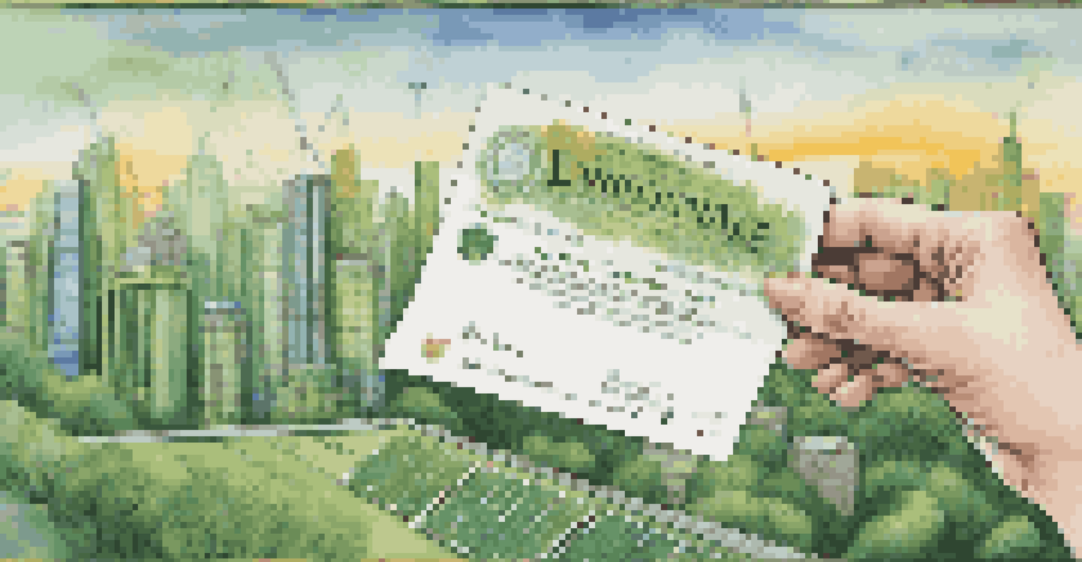 A close-up of a renewable energy bond certificate held in a hand, with a modern city skyline in the background.