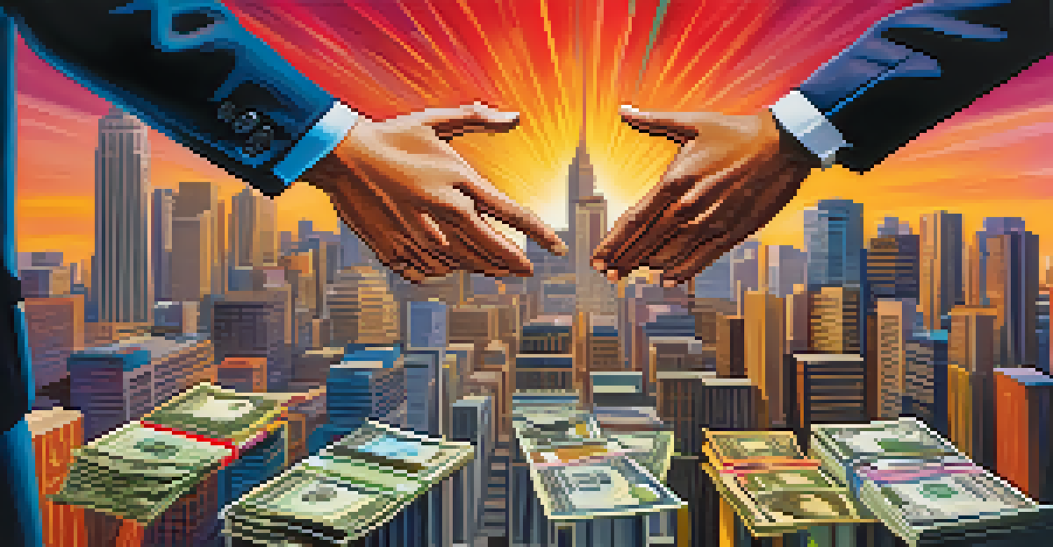 Two hands exchanging cash flows against a city skyline background, symbolizing financial swaps.