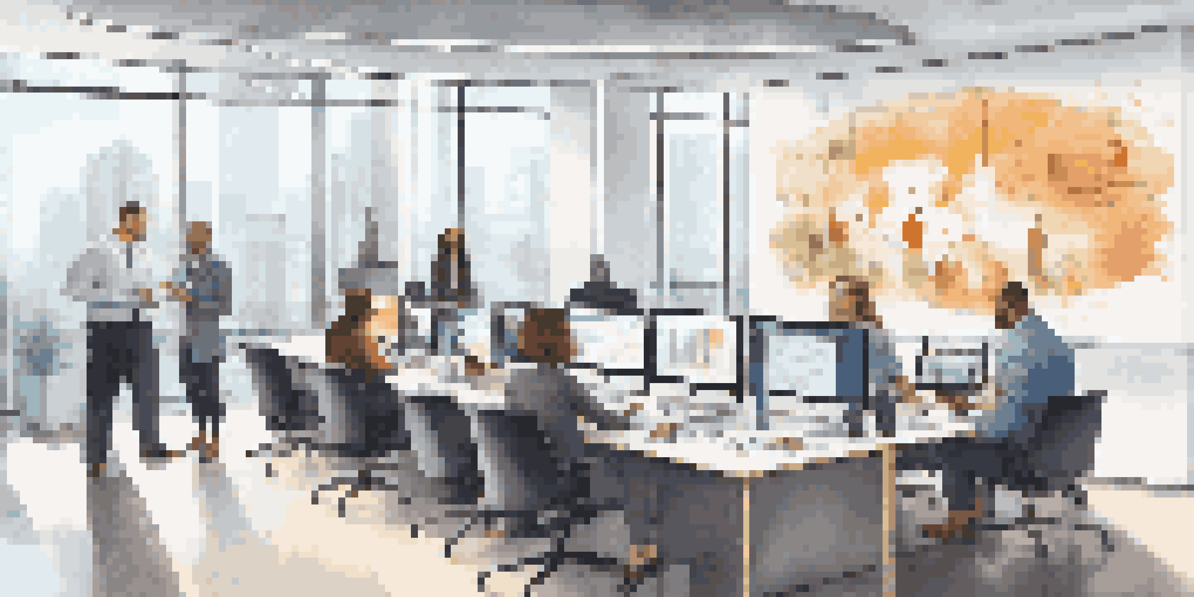 A bright and modern office space where a diverse group of professionals work together, discussing financial data displayed on a large screen.