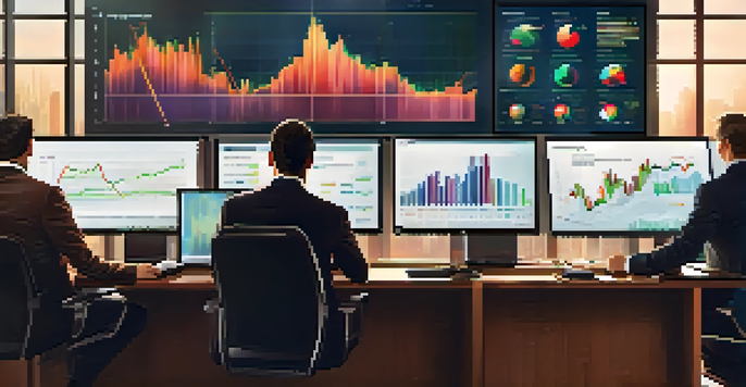 A diverse group of investors in a modern office, focused on stock market data displayed on screens.