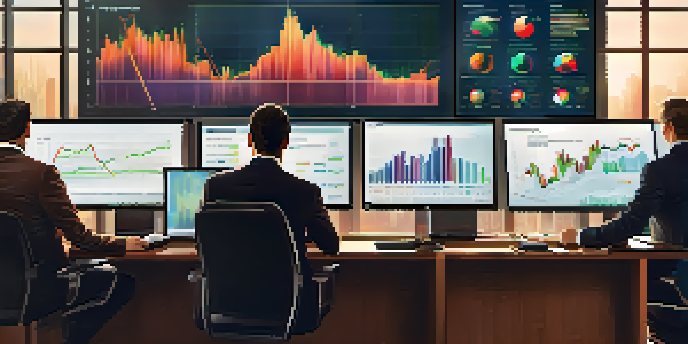 A diverse group of investors in a modern office, focused on stock market data displayed on screens.