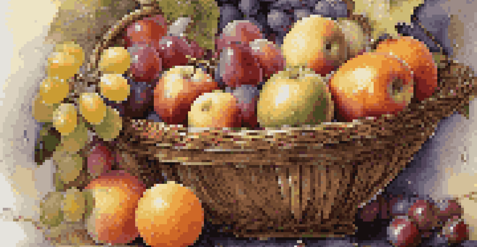 A close-up of a colorful fruit basket with various fruits, illuminated by soft light.