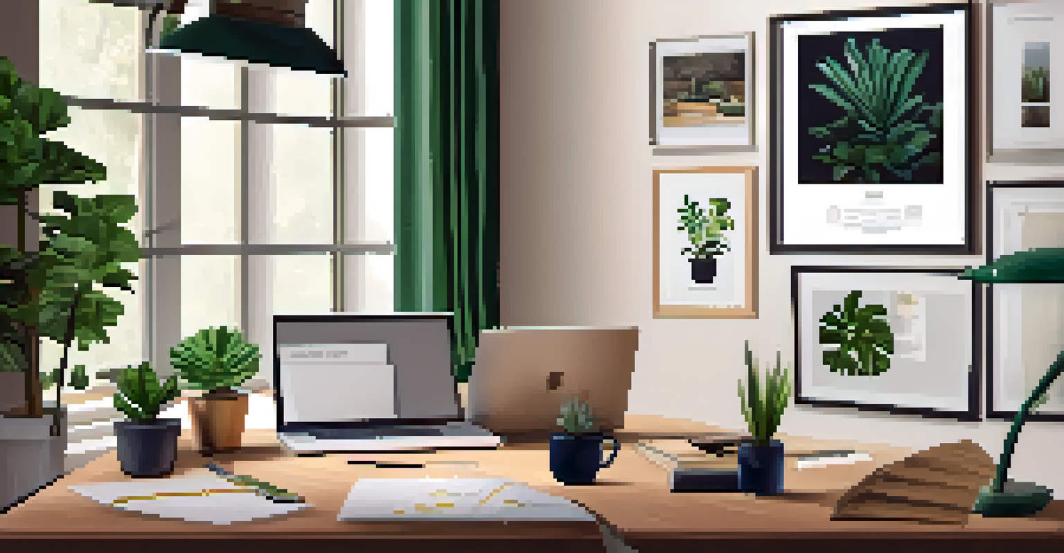 A peaceful home office setting with a laptop, notebook, and potted plant, alongside framed certificates and a vision board, all under soft lighting.