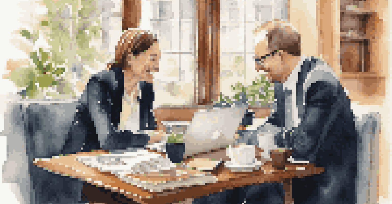Two wealth management advisors having a coffee meeting in a cozy café, discussing strategies.