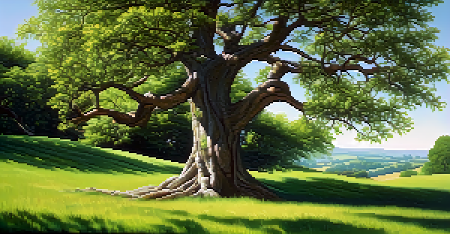 A thriving green tree in a sunny meadow with rolling hills and a blue sky in the background, casting shadows on the ground.