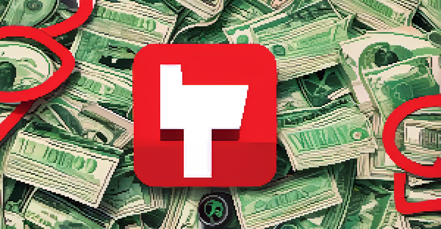 An illustration of social media icons with dollar bills and warning signs, representing investment scams.