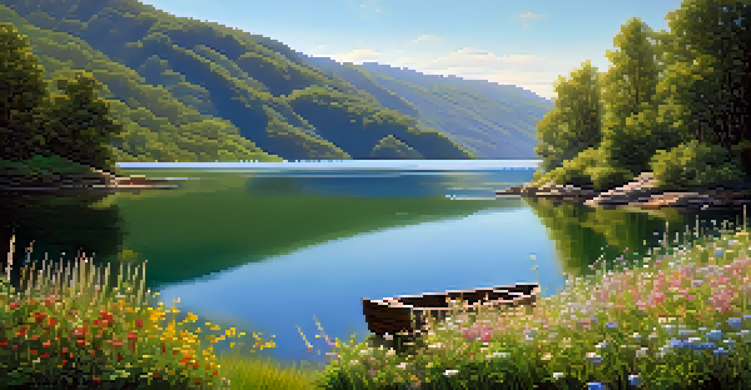 A calm lake surrounded by green mountains with a wooden boat floating on the water and wildflowers along the shore.