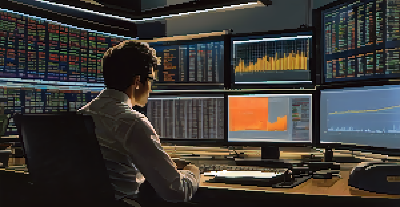 A person at a desk with multiple screens showing stock data and financial news, focused on taking notes in a dimly lit room.