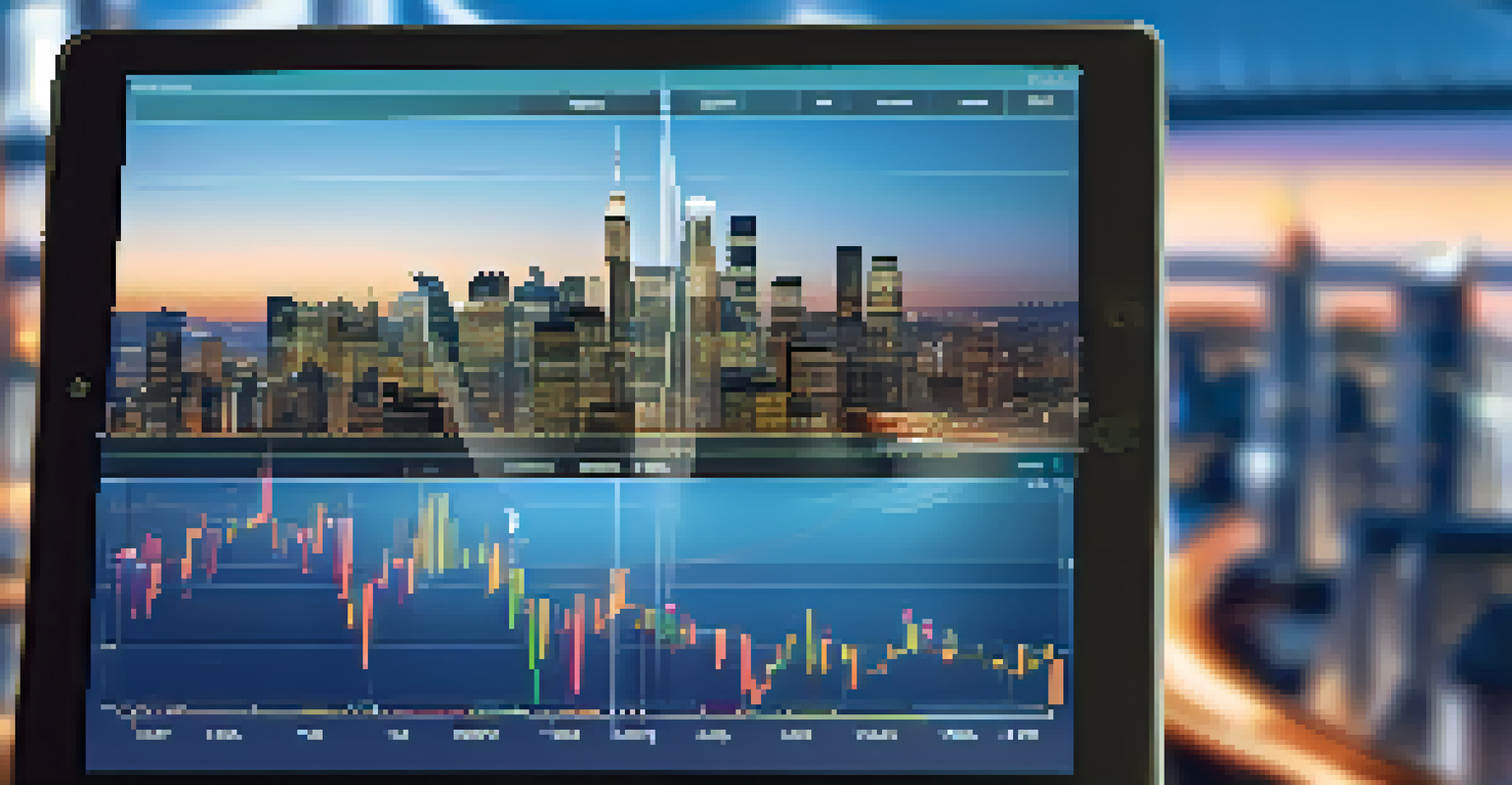 A digital tablet displaying a financial chart with a rising trend line and a blurred city skyline.