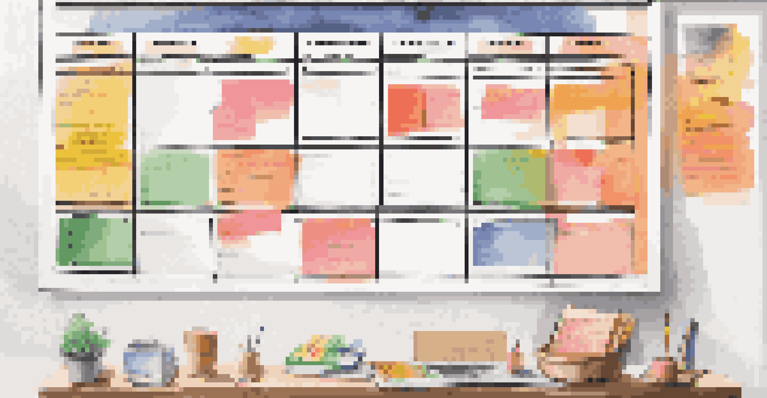 A large wall calendar with sticky notes for subscriptions and a pie chart for budgeting, showing financial planning.