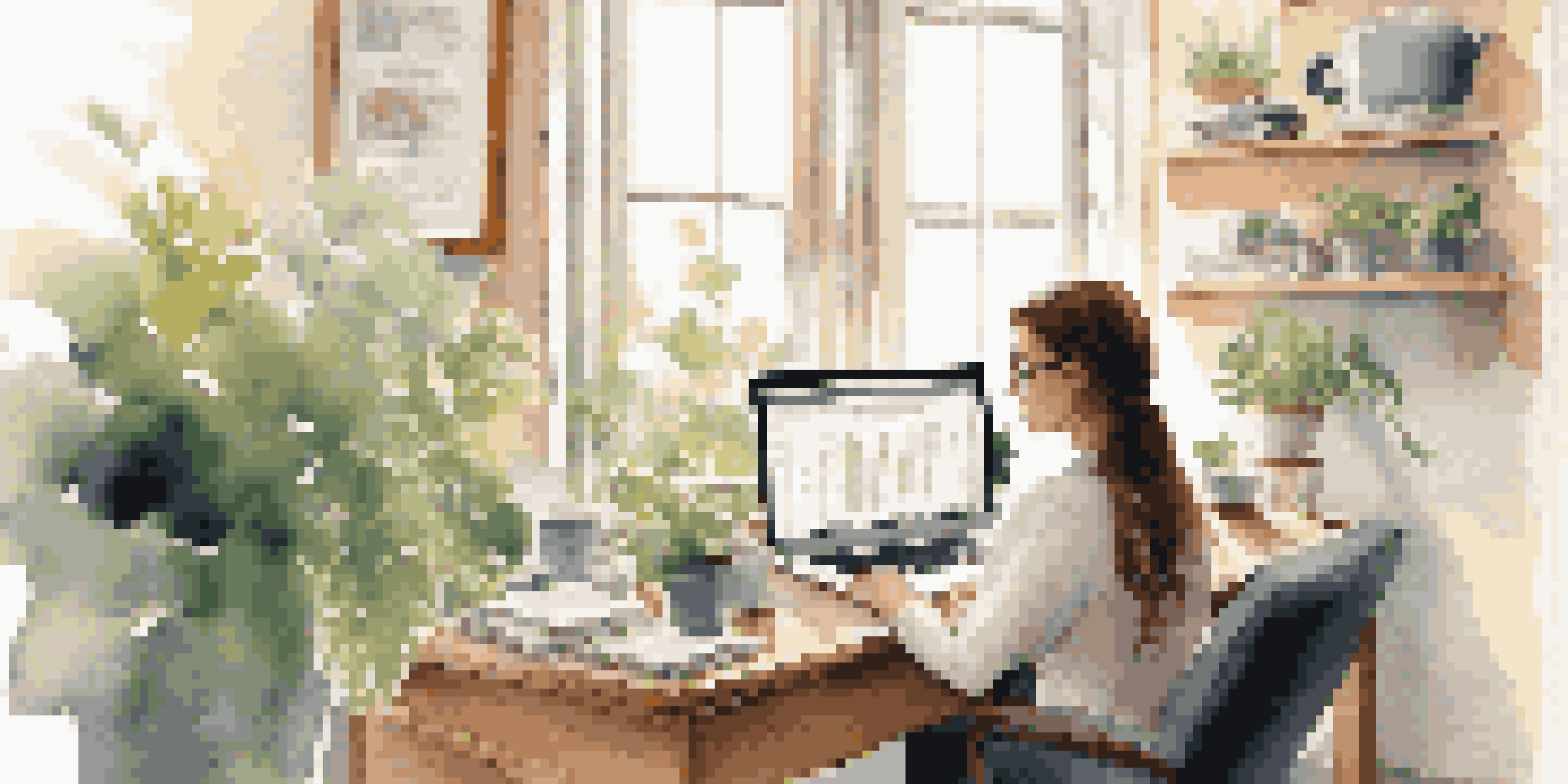 A woman working on financial planning in a bright office with plants and warm lighting.
