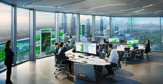 A modern financial office with screens showing data analytics, a city skyline in the background, and professionals discussing around a table.