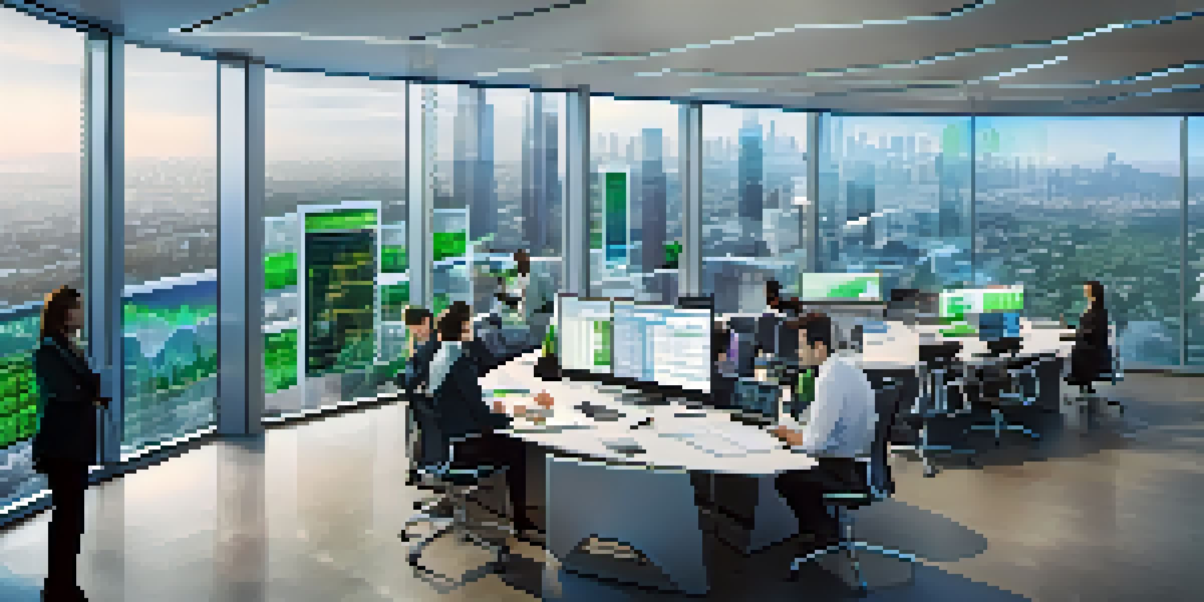 A modern financial office with screens showing data analytics, a city skyline in the background, and professionals discussing around a table.