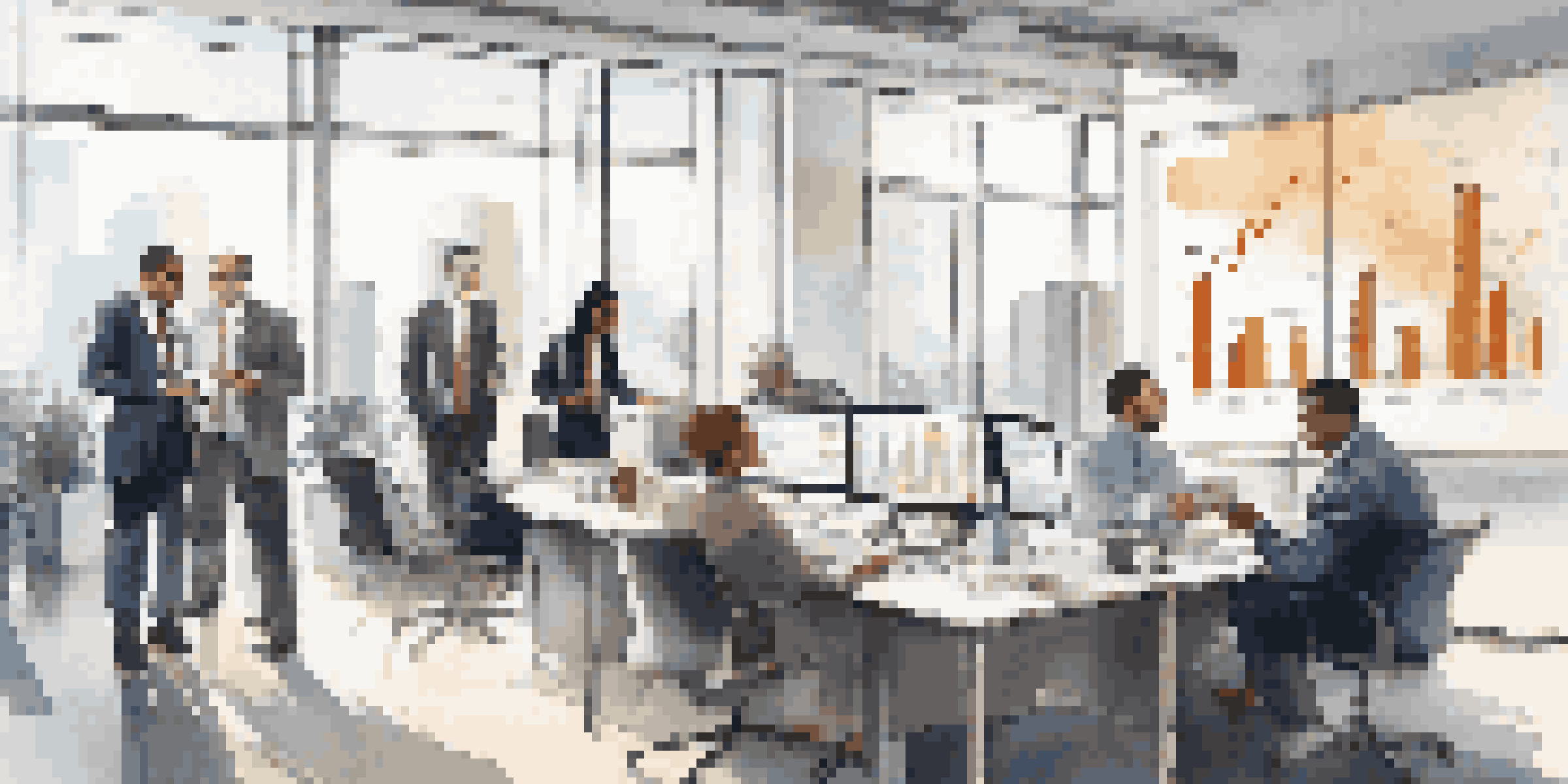 A diverse group of professionals in a modern office discussing investment strategies, surrounded by charts and graphs.