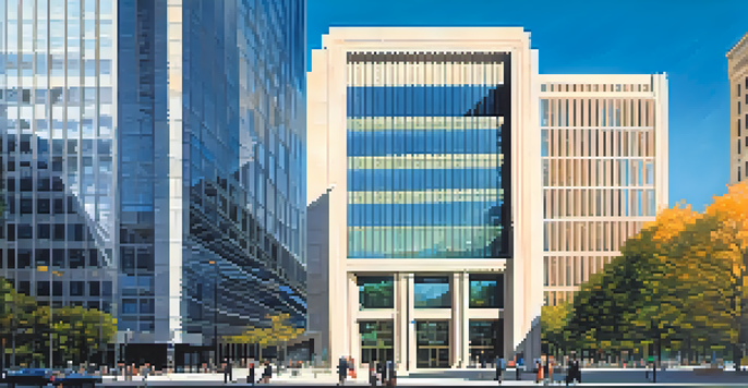 A contemporary central bank building made of glass, surrounded by greenery and people, under a bright blue sky.