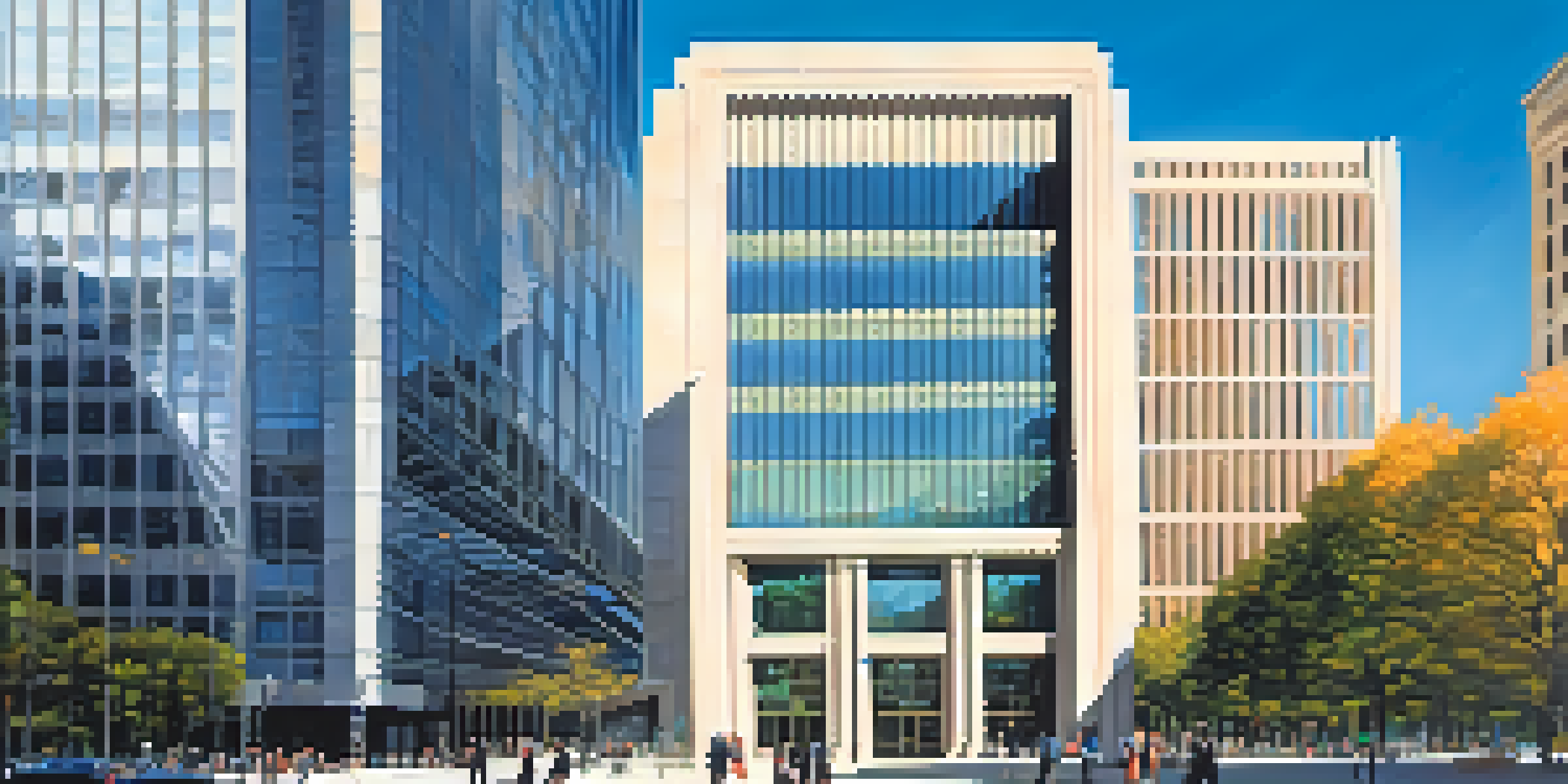 A contemporary central bank building made of glass, surrounded by greenery and people, under a bright blue sky.