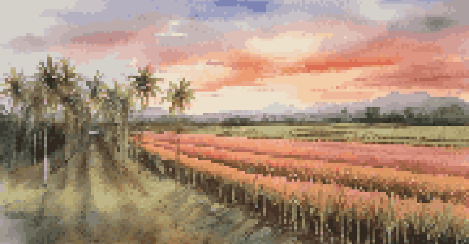 Sunset over a sugar plantation with rows of sugar cane and colorful sky.