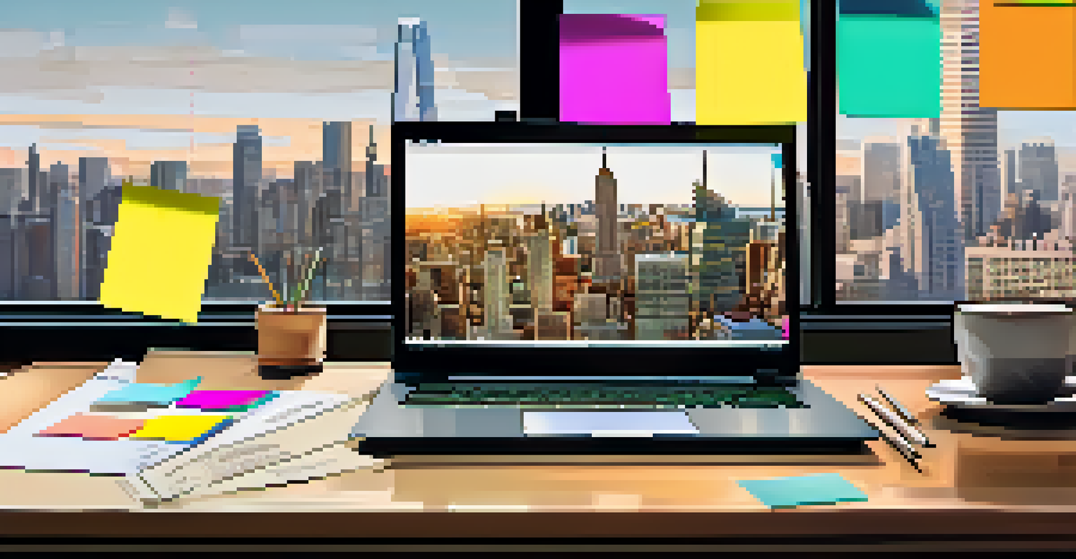 A financial analyst's desk with charts on a laptop, sticky notes, and a coffee cup, with a city skyline visible through the window.