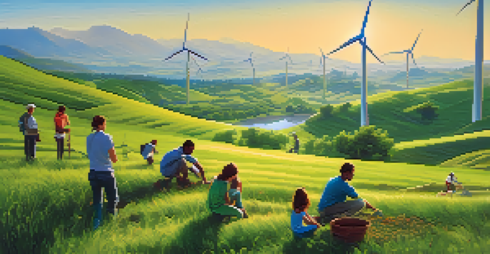 A diverse group of people planting saplings in a green valley with wind turbines in the background under a blue sky.
