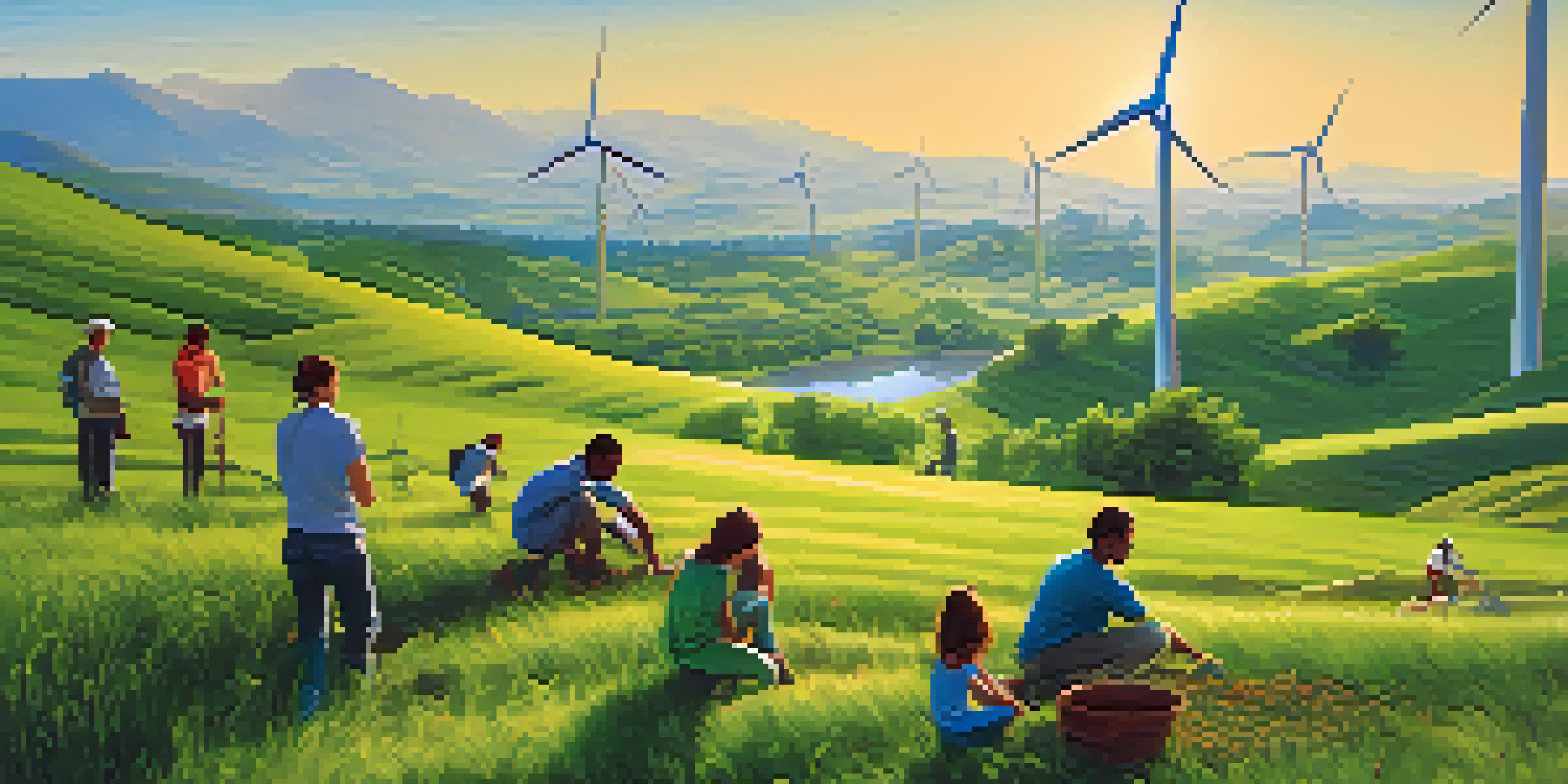 A diverse group of people planting saplings in a green valley with wind turbines in the background under a blue sky.