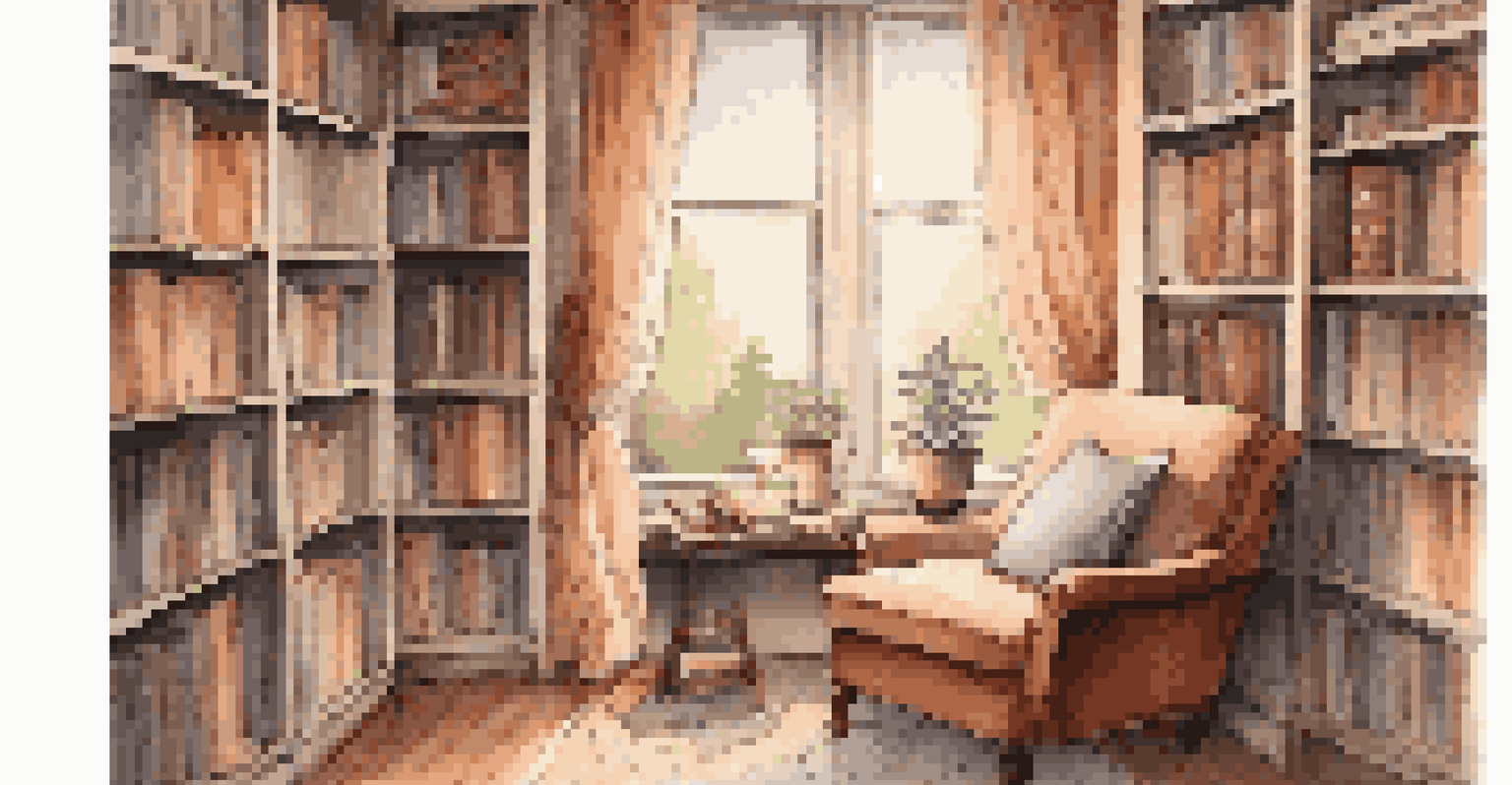 A comfortable reading corner with a plush chair, a window with curtains, a bookshelf full of books, and a table with a cup of tea, all warmly lit.