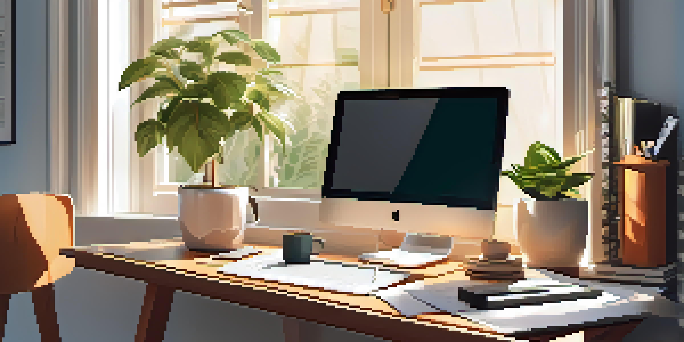 A well-organized home office with a laptop, coffee cup, and plants, illuminated by sunlight, showcasing budgeting tools.
