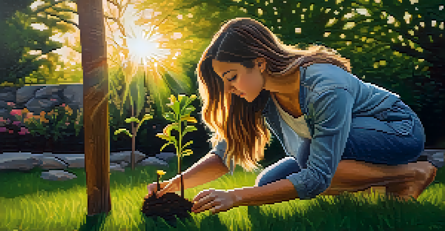 A young woman planting a small tree in her backyard during sunset.