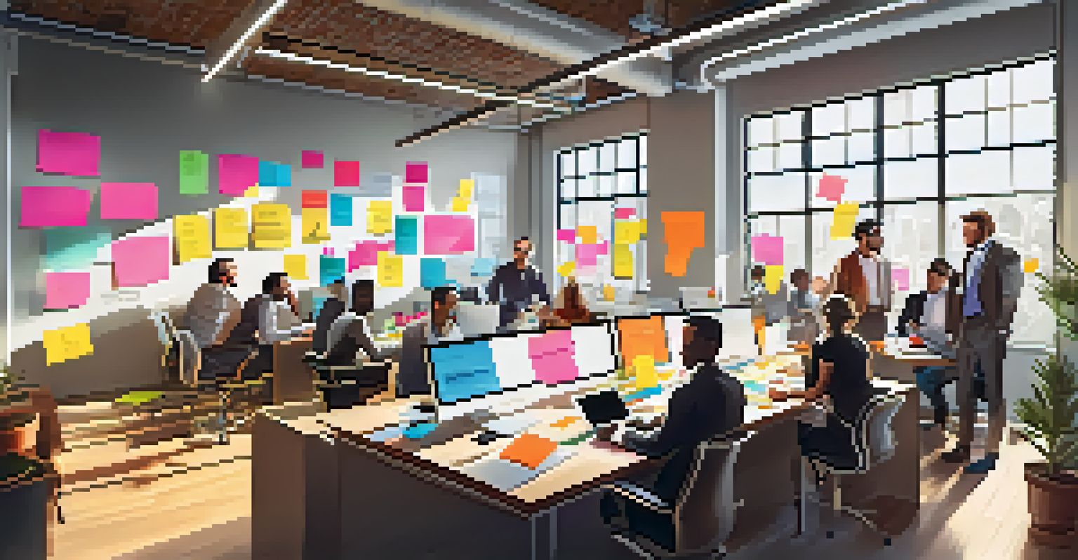 A diverse group of entrepreneurs collaborating in a bright startup office, surrounded by colorful sticky notes and diagrams on a whiteboard.