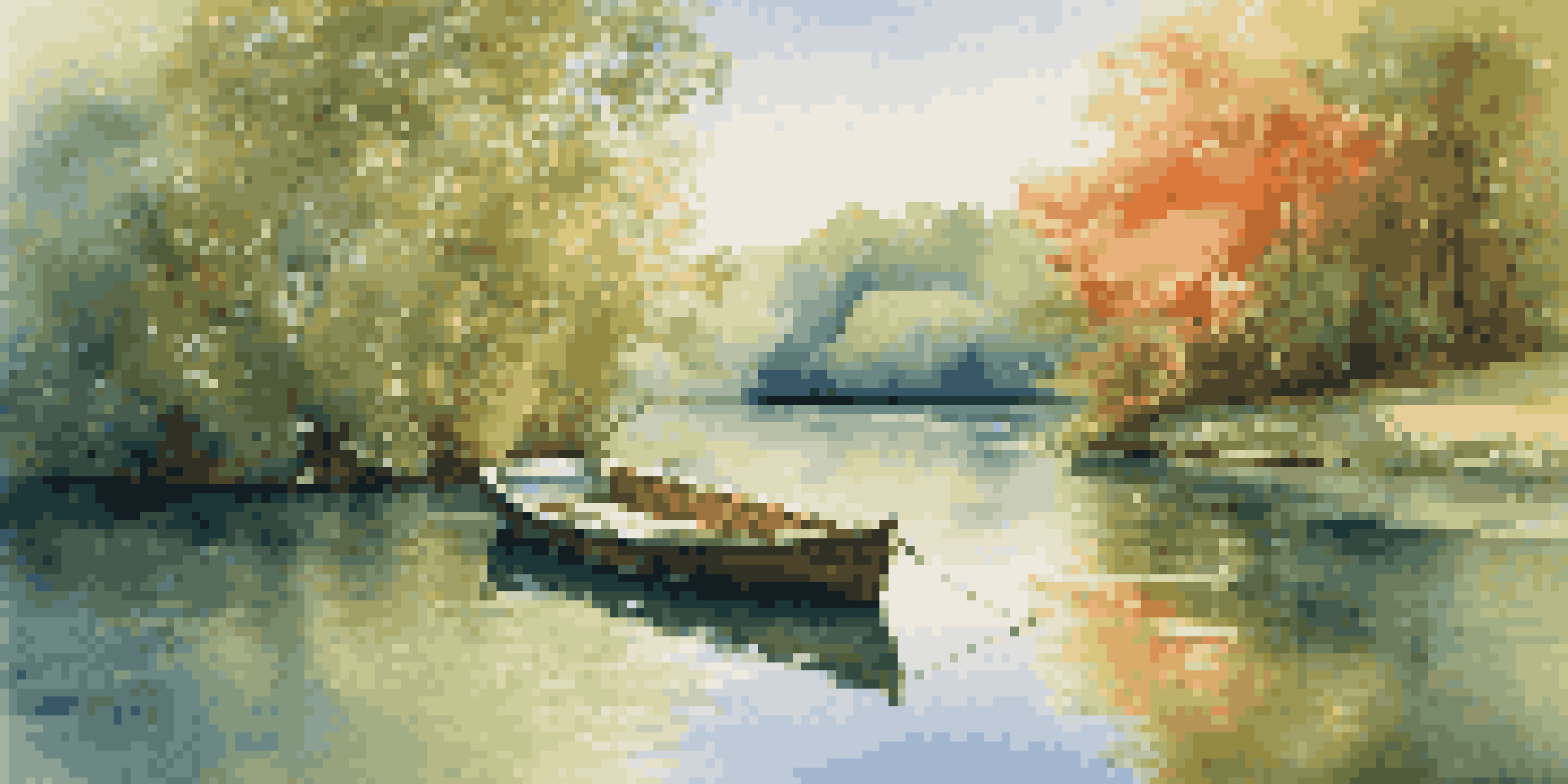 A peaceful lake scene with a wooden boat, surrounded by green trees and a bright blue sky.